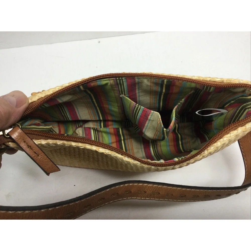 Vintage Fossil Straw Shoulder Bag Hobo Purse Beaded Accents‎ 9in x 6in
